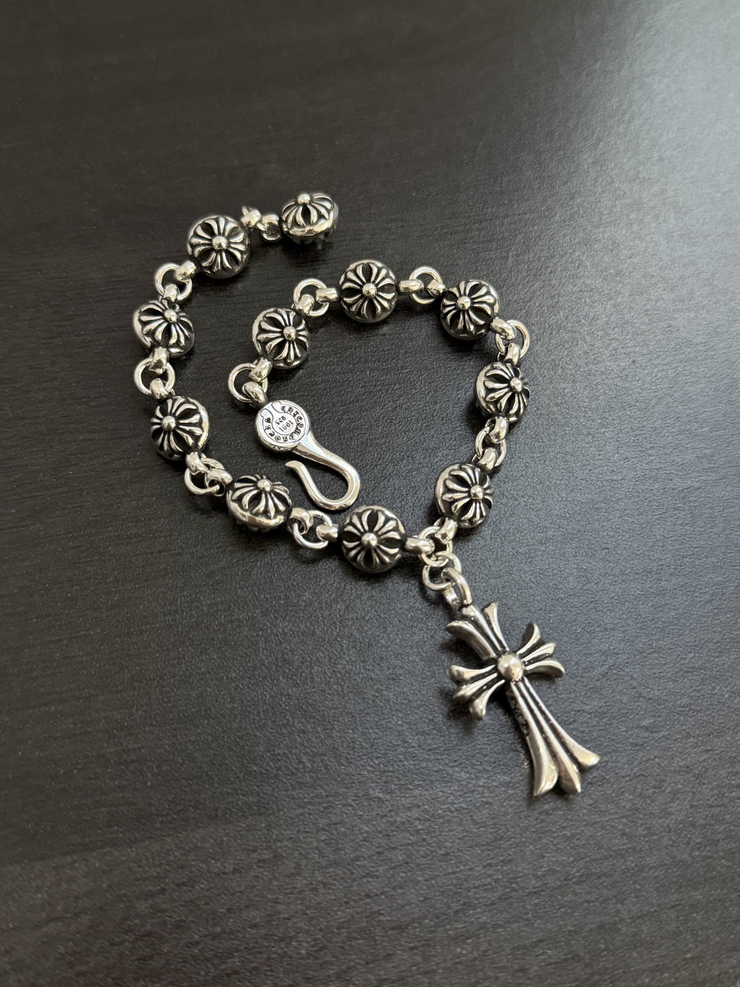 Chrome Hearts Silver Rosary Bracelet with Cross